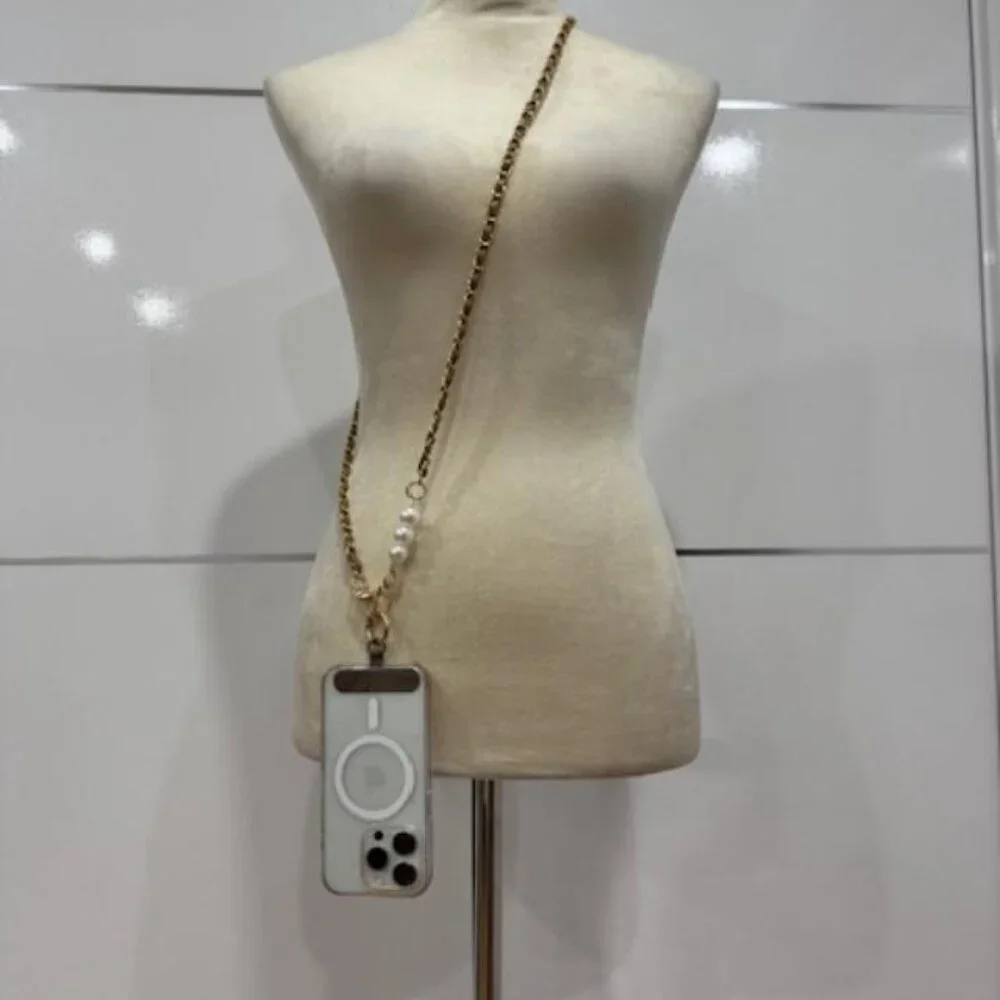 Tan Faux Pearl & Leather Chain Crossbody Phone Lanyard NEW